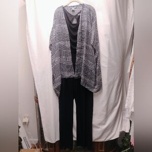 Kate & Mallory Black&White Kimono Style Coverup over a Black Sleeveless Jumpsuit